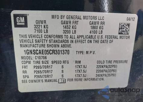 2012 Chevrolet Tahoe Ls z USA, uszkodzony, nr VIN 1GNSCAE05CR301370